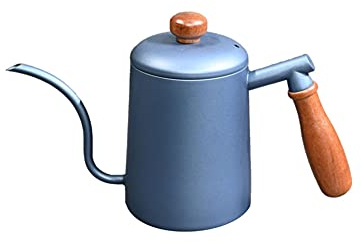 TONGYOU Cafetera japonesa de acero inoxidable con mango de madera resistente al calor, olla de café azul de 600 ml de boca larga con mango de madera, clásica verter sobre el café hervidor de té