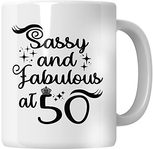 Whizguide Sassy and Fabulous at 50 Mug – Funny 50th Birthday Gift for Women, 11oz Ceramic Coffee Cup