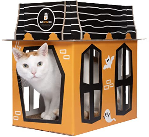 Cat in the Box Spooky Cat Haunted House – Halloween Mansion Playhouse for Cats, Kittens, Rabbits & Bunny. Cardboard Box House Condo Cave Furniture Bed Includes Cat Scratcher