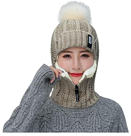 MANGGUO Strickmütze Hat Herren Damen Winter Mütze Bommelmütze Wintermütze warm gefüttert Ohrenschützer Hinzufügen Beflockung Thermal Radfahren mit Bommel-Mütze (Beige)