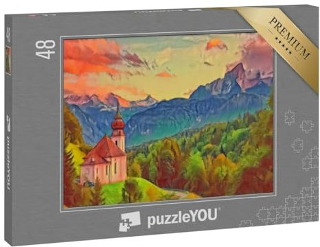 puzzleYOU: Puzzle 48 Teile „im Kunst-Stil von Franz Marc - Watzmann mit Kirche Maria Gern - Puzzle-Kollektion Künstler & Gemälde“
