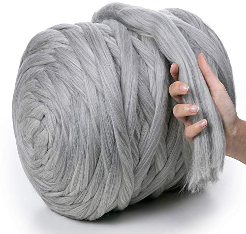 MeriWoolArt® 100% XXL Merino Wolle Garn 4-5 cm Dicke Wolle Garn, Filzwolle Trockenfilzen Nassfilzen, DIY Klobiges Wolle Garn Decke, Decke Baby Wolle, Arm Stricken Decke Garn Hellgrau Melange, 100g