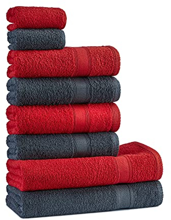 Tuiste Lot de Serviette de Bain Gris Anthracite et Rouge, 2X Drap de Bain (70x140), 4X Serviette de Toilette (50x90), 2X Petite Serviette Essuie Main (30x50), Salle de Bain, Serviette éponge
