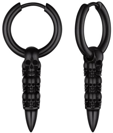 FOCALOOK Totenkopf Ohrringe für Männer - Edelstahl Schwarze Creolen Hängend - Halloween und Weihnachten Modeschmuck