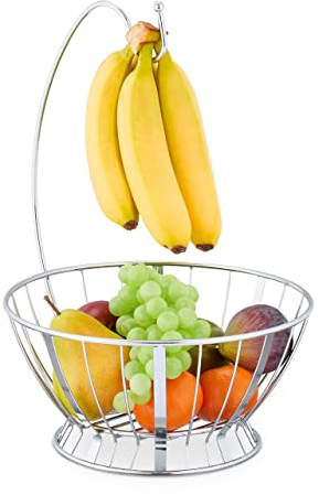 Relaxdays Corbeille à Fruits, Porte-Banane, métal, HxLxP : env. 40x28x26,5 cm, Coupe Ronde Fruit et légume, argenté