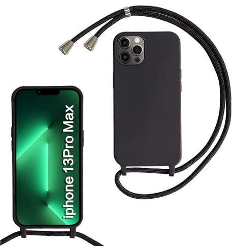 SLWYF Compatible with iPhone 13 Pro Max Crossbody Lanyard Case, Liquid Silicone Protective Phone Case with Strap Adjustable Neck Cord Necklace Soft Cover for iPhone 13 Pro Max, Black