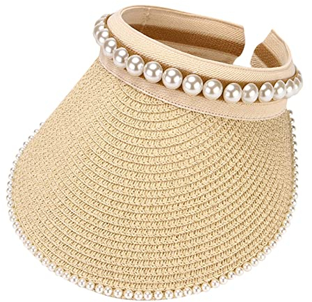 Straw Visor Hats for Women Foldable Wide Brim Pearl Roll Up Sun Visor Hat Baseball Cap Beach Ponytail Hats Empty Top Outdoor Travel Adjustable Spring Summer Men and Women for Unisex Beige One Size