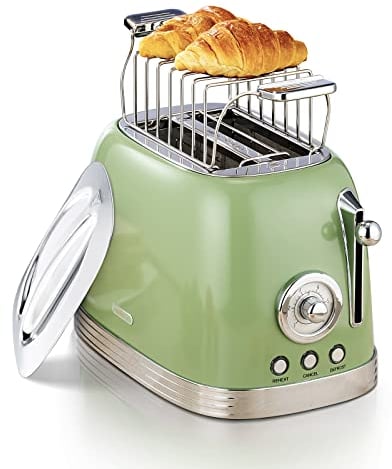 Wiltal Toaster 2 Scheiben, Toaster Retro, Toaster mit Brötchenaufsatz, Toaster mit Deckel aus Edelstahl, Vorheiz-, Auftau- und Abbruchfunktion, Countdown-Timer-Anzeige, Schnell-Toaster(Grün)…