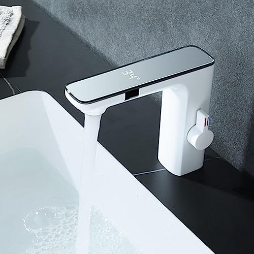 Yalsfowe Infrarot Sensor Wasserhahn Bad, Infrarot Mischbatterie bad mit Temperaturanzeige, Automatisch Sensor Badezimmer-Wasserhahn, Waschtischarmatur Bad Weiß