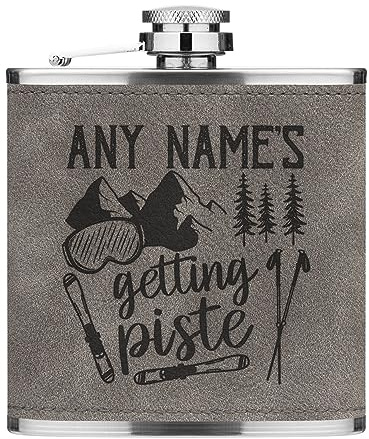 Personalised Getting Piste Skiing 6oz PU Leather Hip Flask Grey Luxe