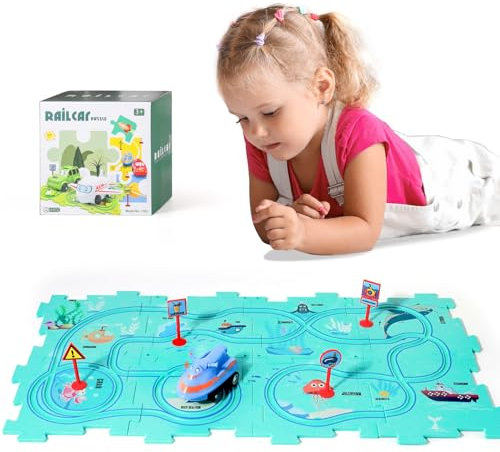 KADAYAYA Plastik Puzzle Spielzeugauto Spielzeugset für Kinder 3 4 5 6 Puzzle Autorennbahn mit Fahrzeug für Kleinkinder Lernspielzeug für 3 4 5 6 Jungen Mädchen Montessori Spielzeug für Kinder 3-6
