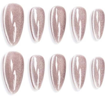 Sun&Beam Nails Handmade Press-on Medium Long Almond Taupe Color Cat Eye Design Charming False Nail Tips 10 Pcs (#122 XS)