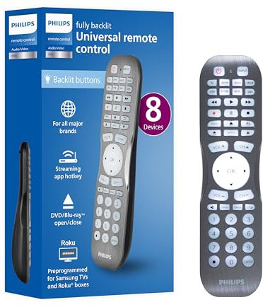 Philips Remote Control for Samsung, Vizio, LG, Sony, Sharp, Apple TV, TCL, Panasonic, Streaming Players, Blu-ray, DVD, and More, 8 Device, Backlit, Brushed Graphite, SRP8121G/27