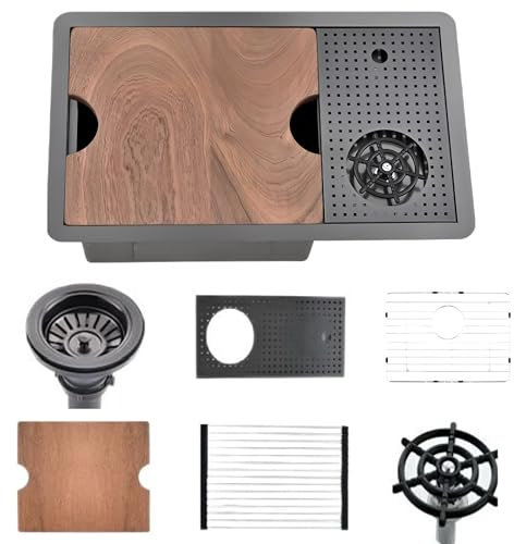 BRONSTARZ 24 Inch Nano Black Undermount Hidden Bar Sink with Glass Rinser 24x14 Stainless Steel Undermount Workstation Sink Bar Prep Sink 16 Gauge Single Bowl Undermount Kitchen Sink with Cup Washer