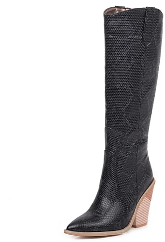 Joliss Donna Knee Stivali Tacco Western Senza Chiusura Stivali Alti Moda Snakeskin Stivali Occidentali [Appuntito Stivali da Cowboy Nero Numero 36 EU
