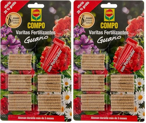 COMPO Varitas fertilizantes con guano para plantas de interior y exterior, Larga duración de hasta 3 meses, 30 unidades (Paquete de 2)