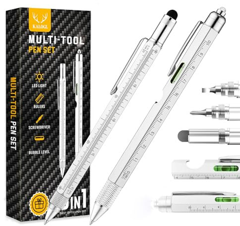 KALOGL Multitool-Stift, 2 Stck [Stylus, Kugelschreiber, mit 6 Ersatzminen, 10,2 cm Lineal, Wasserwaage, Kreuzschlitzschraubendreher, LED] Geschenk fr Mnner, Vatertag coole Gadgets Geschenke (Silber)