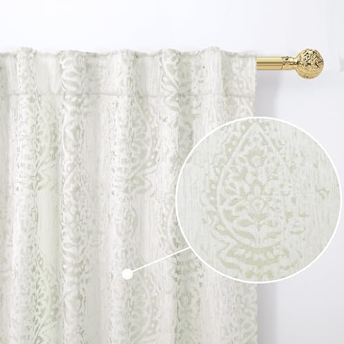 Gemusterte Wohnzimmer-Vorhänge, Vorhänge, 274 cm lang, 2 Paneele, extra lang, 50 % Verdunkelung, Lichtfilterung, Rücklasche, Boho-Druckmuster, 2,7 m Länge, Deckenvorhänge für hohe Fenster, Cremebeige