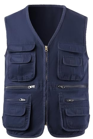 KTWOLEN Men's Fishing Waistcoats Multi Pocket Outdoor Vest Safari Hunting Hiking Vest Jacket Breathable Photography Top, Navy Blue, XXL