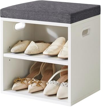 YMYNY Schuh Aufbewahrungsbank mit Sitzkissen, 2-Tier Schuh Rack mit gepolstertem Sitz, justierbarer Schuh Organizer Schrank für Eingang, Wohnzimmer, Flur, Schrank, 42H*39L*28Wcm, Weiß, HBD028W
