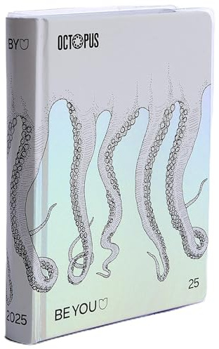 BE YOU Octopus Small, Schülerkalender 2024-2025, 12 Monate Datum, Format Easy 12,5 cm x 16,5 cm, Tagebuch mit Aufkleber und Lesezeichen, Farbe Weiß