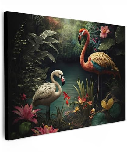 MuchoWow© Leinwand Bilder Wanddeko Wohnzimmer Aesthetic Room Decor Deko | 70x50 cm - Zimmer Wandbilder Modern Fotogeschenke Flamingo - Blumen - Dschungel - Vögel - Natur