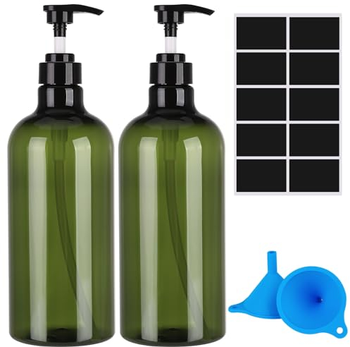 Pump Bottle Dispenser,2 Pcs 1000ml/35oz Refillable Empty Press Pump Bottles,Refillable Plastic Empty Pump Bottles Dispensers with Funnel and Label for Lotions,Shampoo,Conditioner