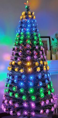 Asinse 6ft Pre-lit Fiber Optic Artificial Christmas Tree, Green and White PVC Branches with 8 function LED Lights, Elegant Topper Star, Foldable Metal Stand, Perfect for Festive Decor (6ft/180cm)