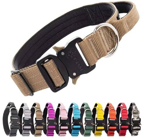 TSPRO Premium Hundehalsband mit Griff Dickes Verstellbares Taktisches Hundehalsband Schwere Ausführung Schnellverschluss Metallschnalle für Mittelgroße bis Große Hunde (M- Khaki)