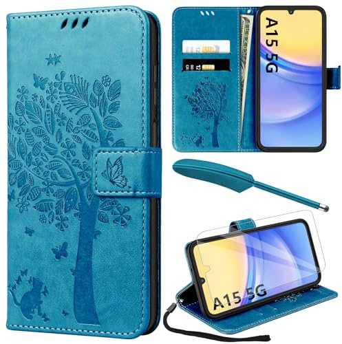 YIRSUR for Samsung Galaxy A15 Case with Screen Protector and Touch Pen, Blue Leather Flip Wallet Case Magnetic Closure Cover with Card Slots and Kickstand for Samsung A15 5G/4G Phone Cover