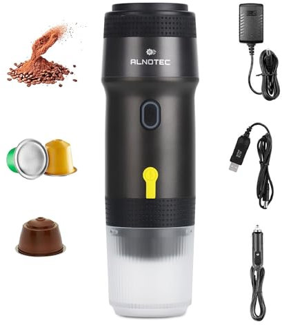 ALNOTEC Expresso Machine à Café Portable Electrique Auto Chauffante, 20BAR - 3 EN 1 Compatible Capsules NES, DG et Café Moulu - Chargeurs 220V, USB et Voiture - Brassage Froid/Chaud - Rechargeable.