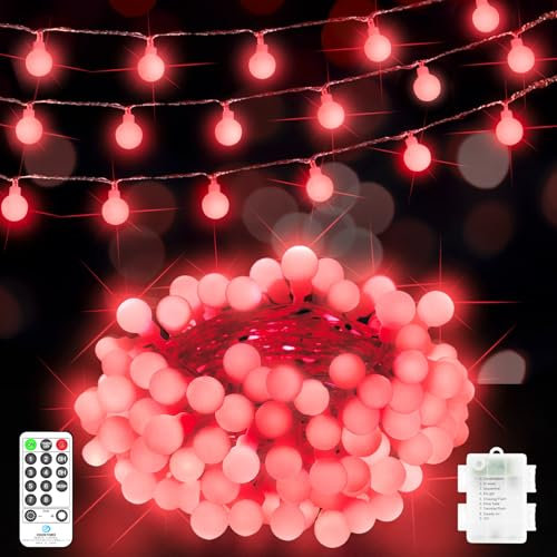 JXLEDAYY 12 M 100 LED Fairy Lights Outdoor Waterproof Globe String Lights Battery Operated Christmas Lights with Remote 8 Modes for Valentine's Day Bedroom Patio Garden Party Indoor Decorations Red
