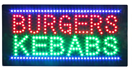 Panneau LED avec inscription « Burger and Kebab » pour entreprise, panneau ouvert à LED super lumineux pour hamburger visible par la fenêtre. 60 cm x 30 cm