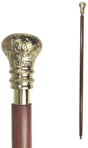 Edler Spazierstock Gehstock aus Holz mit graviertem goldenen Griff aus Metall