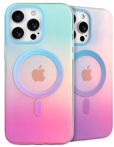 Heaofei Cute Iridescent Magnetic Case for iPhone 13 Pro Max Case [Compatible with Magsafe] with Matte Holographic Back, Fashion Girly Rainbow Protective Cover for Women Girls, Gradient Blue & Pink