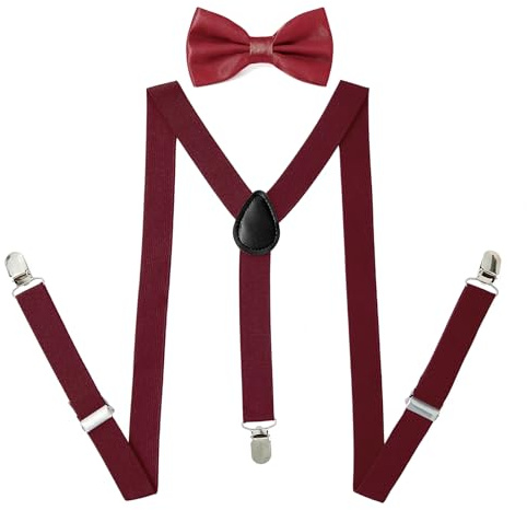 PONCEAU 2 Set Hosenträger und Fliege für Herren und Damen，2.5 cm breiter Hosenträger Herren in Y-Form Elastisch und Verstellbar mit Farblich Passender Fliege 12 x 7 cm
