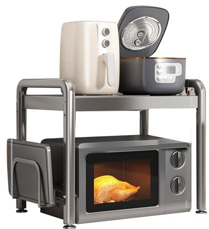 Gevvnss Soporte Extensible para Microondas de 2 Niveles,Soporte para Microondas y Horno Cocina en Acero Al Carbono,con 6 Ganchos y Soporte para Tabla Cortar,para Encimera de Cocina,39-64 cm,Gris