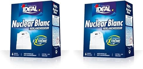 IDEAL - Reblanchisseur Extrême Nuclear Blanc, 20 g x 6 - Traitement Extrême, Déjaunit, Détache, Reblanchit, Préserve la Fibre des Textiles, Efficace dès 30°C - Formule Enrichie en Azurants Optiques