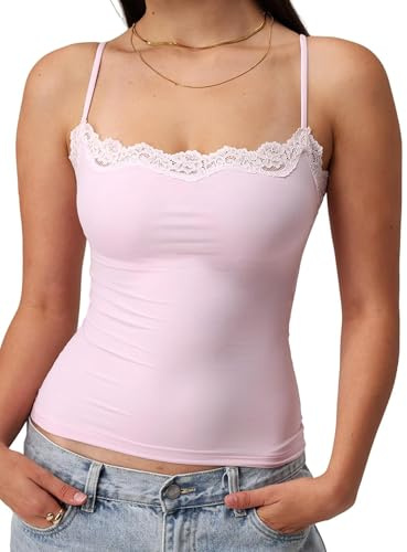 Springcmy Women's Sexy Square Neck Lace Trim Cami Tank Tops Fitted Sleeveless Crop Spaghetti Strap Summer Y2k Tops Camisole (Pink, S)