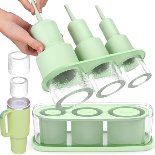 Eiswürfelform für Stanley Cup,3 Fach Thermobecher Eiswürfelbehälter,Eiswürfelbehälter Silikon mit Deckel und Behälter,BPA-frei,Eiswürfel für 40 Oz Tumbler Becher,Eisgetränk,Saft,Whiskey (Green)