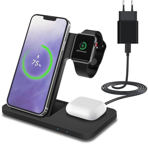 Caricatore Wireless per iPhone, Apple Watch, AirPods da MMOBIEL - 3 in 1 Supporto per Caricabatterie Multipli 18W per MagSafe - Dock di Ricarica Rapida Wireless - Incluso Adattatore da 20W - Nero