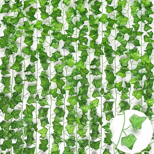 12pcs Grün Künstliche Efeu Girlanden 210cm Künstliche Efeublatt-Pflanzen Grüne Blätter Plastik Hängende Pflanzen Gefälschte Reben Künstlich Efeugirlande für Innen Zimmer und Garten Wand Dekoration