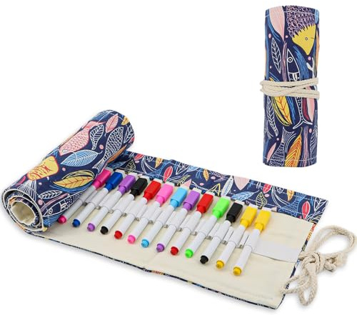 Yeria Stifterolle, 72 Slots,Fünffarbiges Fischmuster | Stifterolle leer, aus Segeltuch, Roll-up Design, Pinselmappe, Pinseletui leer, einzelne Steckplätze