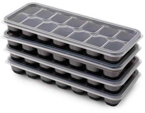 Lot de 4 bacs à glaçons en silicone avec couvercle sans BPA - Empilables - Sûr et sain - Pour bouillie de bébé, cocktail, whisky, café (4 noirs)