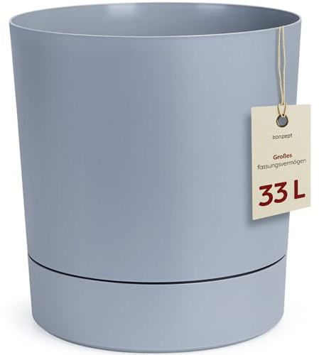 KONZEPT Blumentopf mit Untersetzer 38 cm - großer Übertopf aus Kunststoff für Zimmerpflanzen, modern und wetterfest, für Innen und Außen, Grau
