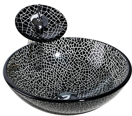 PLMNBQWE Badezimmerwaschbecken, rund, Aufsatzwaschbecken aus gehärtetem Glas, Waschbecken und Wasserfall, Chrom-Messing-Wasserhahn-Set, Mosaikmuster, Kunstwaschbecken, Handm