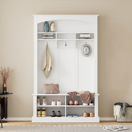 PUGSDRLY Meuble D’Entree,Porte Manteau avec Banc et Rangement Chaussure,3 Crochets,Étagère Réglable,Vestiaire D'entrée pour Couloir,Chambre(F-Blanc)