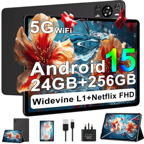 ZIOVO 2026 Neueste Tablet 11 Zoll Android 15 mit 24GB RAM+256GB ROM+2TB TF, Widevine L1, Octa-Core 2.0 GHz, Gemini AI, 8000mAh, 5G WLAN, BT 5.0, GMS, Tablet mit Case - Schwarz