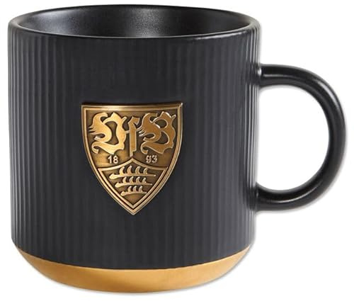 VfB Stuttgart Tasse Wappen Platine, schwarze Kaffeetasse mit aufgesetztem goldenen Wappen + gratis Digni Aufkleber