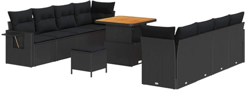 Hoopleep Gartensofa-Set 11-teilig, Schwarz, Poly-Rattan, Modular, UV-beständig, wetterfest, höhenverstellbarer Tisch, Stauraum, für Terrasse, Balkon und Außenbereich